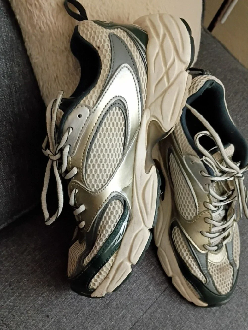 Lacoste Women's Cream Mesh Sneakers with Dark Green Accents